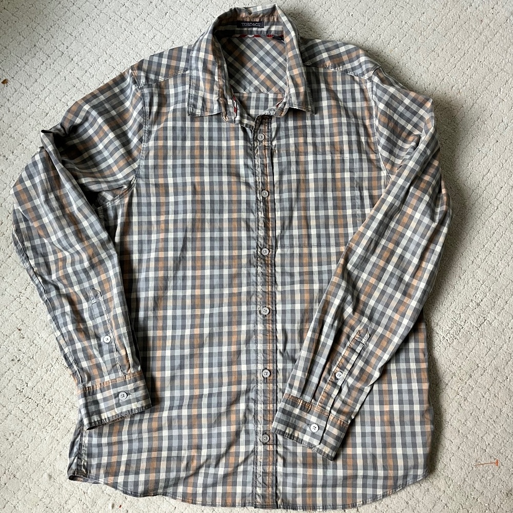 Toad & Co Plaid Button Down Shirt Men’s Medium Gray Tan Organic Cotton Casual